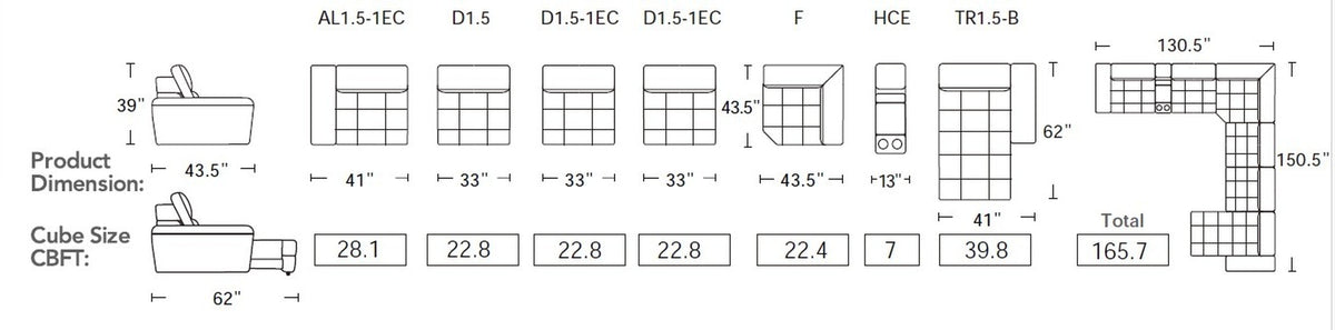 Sleeper sectional sofa dimension diagram with labeled measurements and layout grid.