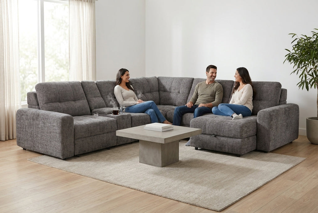 Gray sectional sleeper sofa with sliding seats and storage, deep tufted back cushions