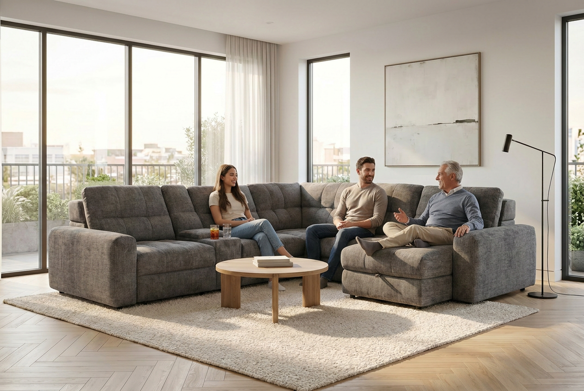 Gunmetal gray 7-piece sectional sleeper sofa with chaise and storage, tufted cushions