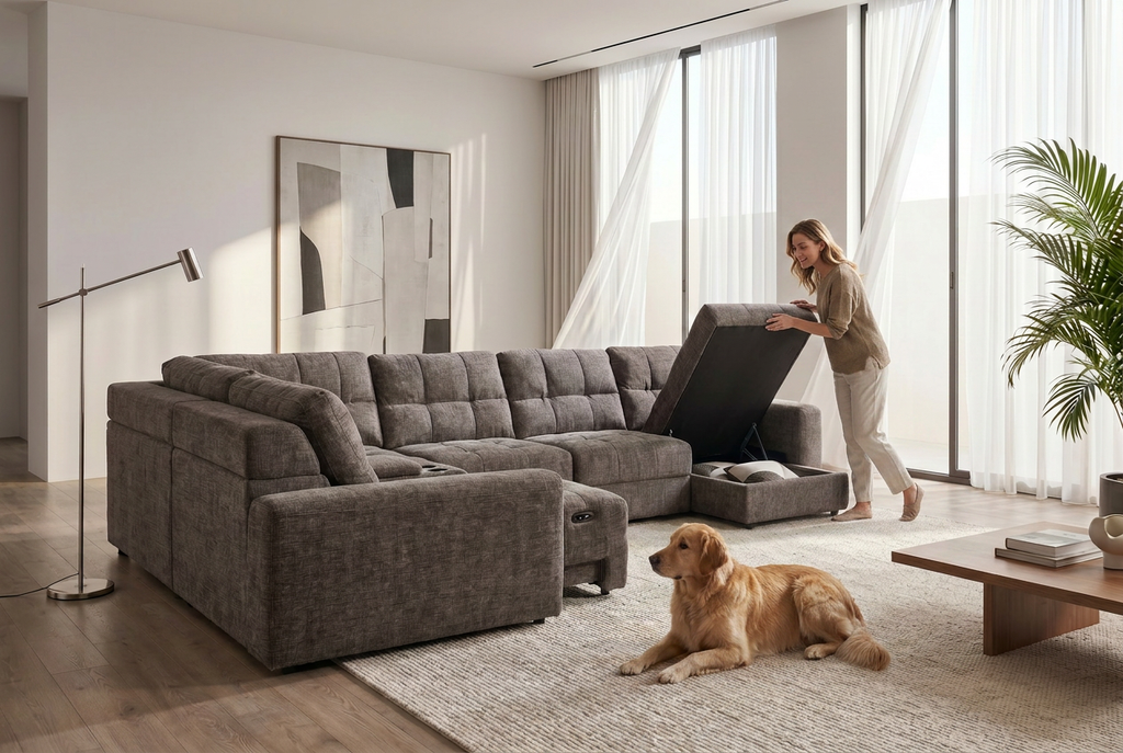 Gray sectional sleeper sofa with open panel and hidden storage, tufted back cushions