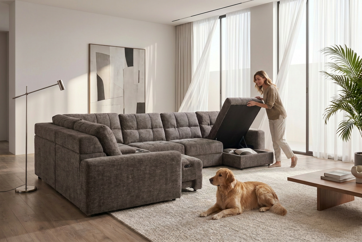 Gray sectional sleeper sofa with open panel and hidden storage, tufted back cushions
