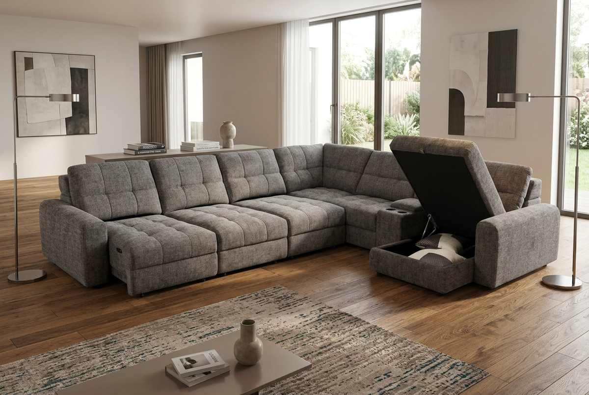 Gray sectional sleeper sofa with reclining-style chaise and open storage panel