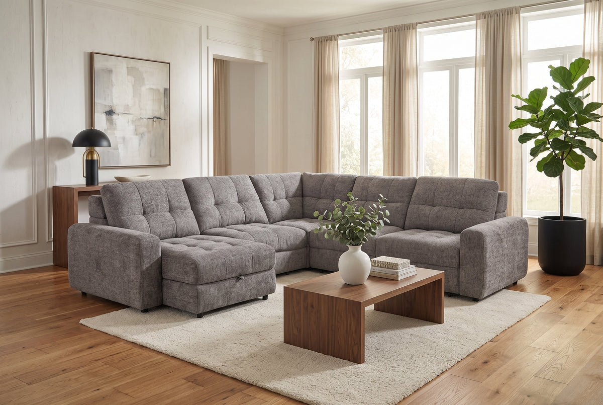 Gunmetal gray sleeper sectional sofa with sliding seats and storage, L-shaped.