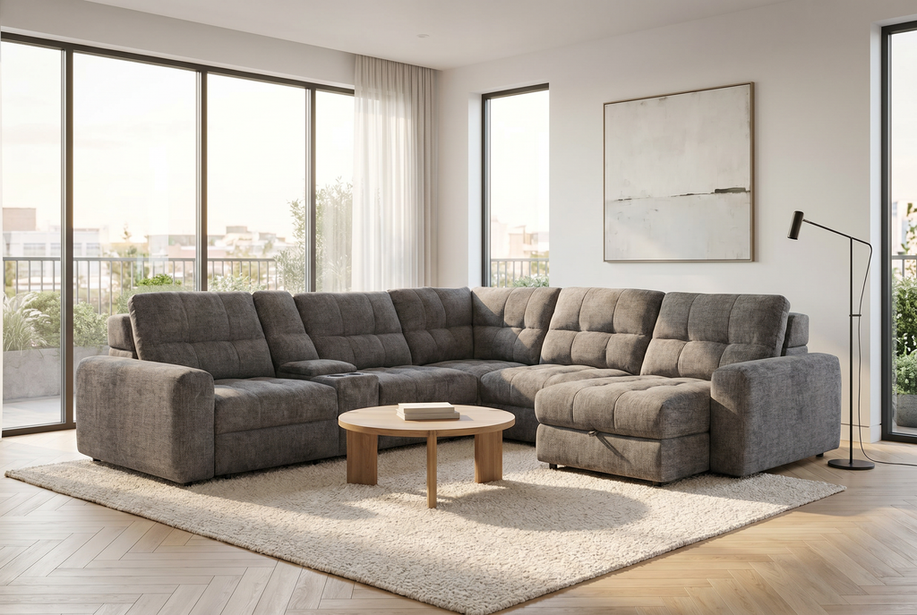 Gunmetal gray sectional sleeper sofa with chaise and storage ottoman-style side