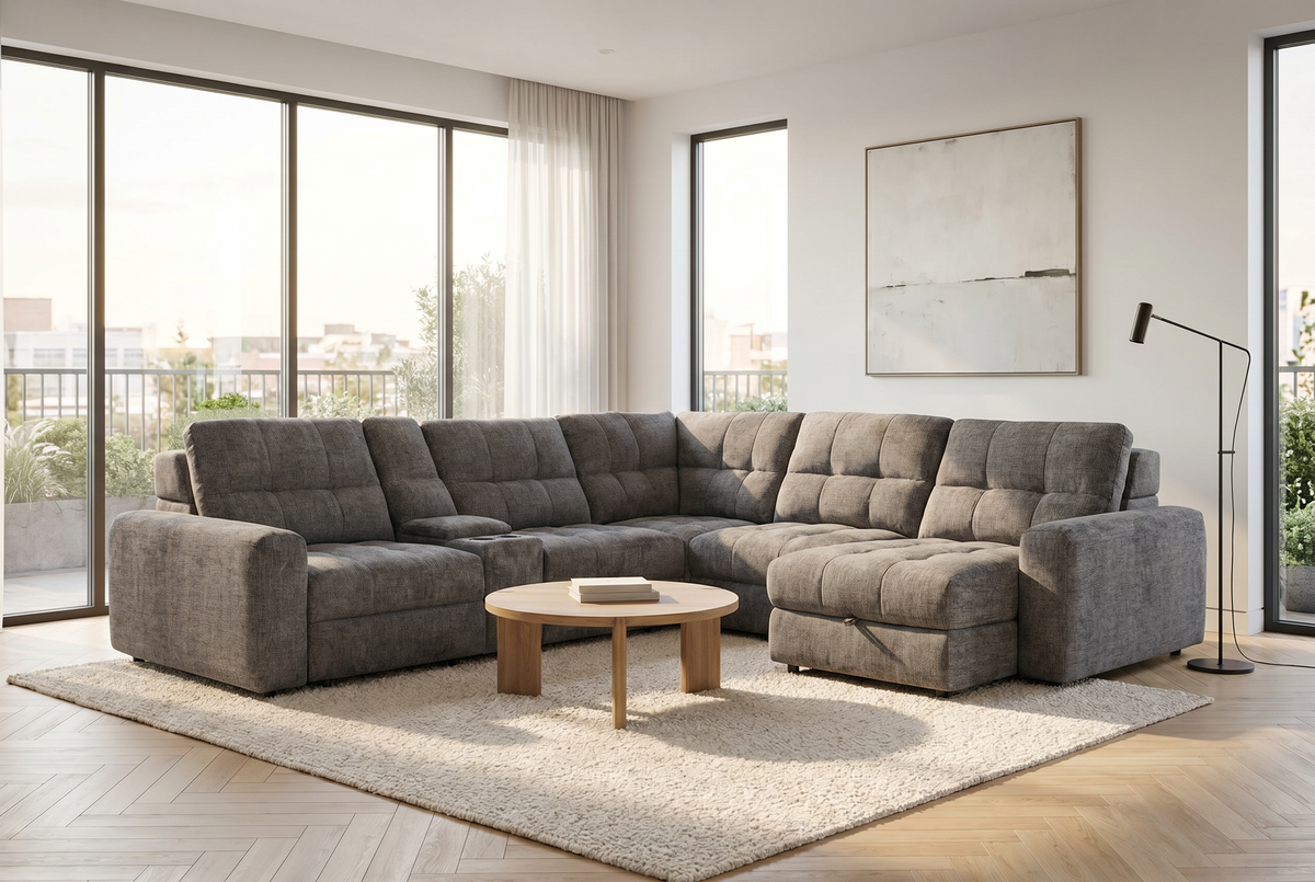 Gunmetal gray sectional sleeper sofa with chaise and storage ottoman-style side