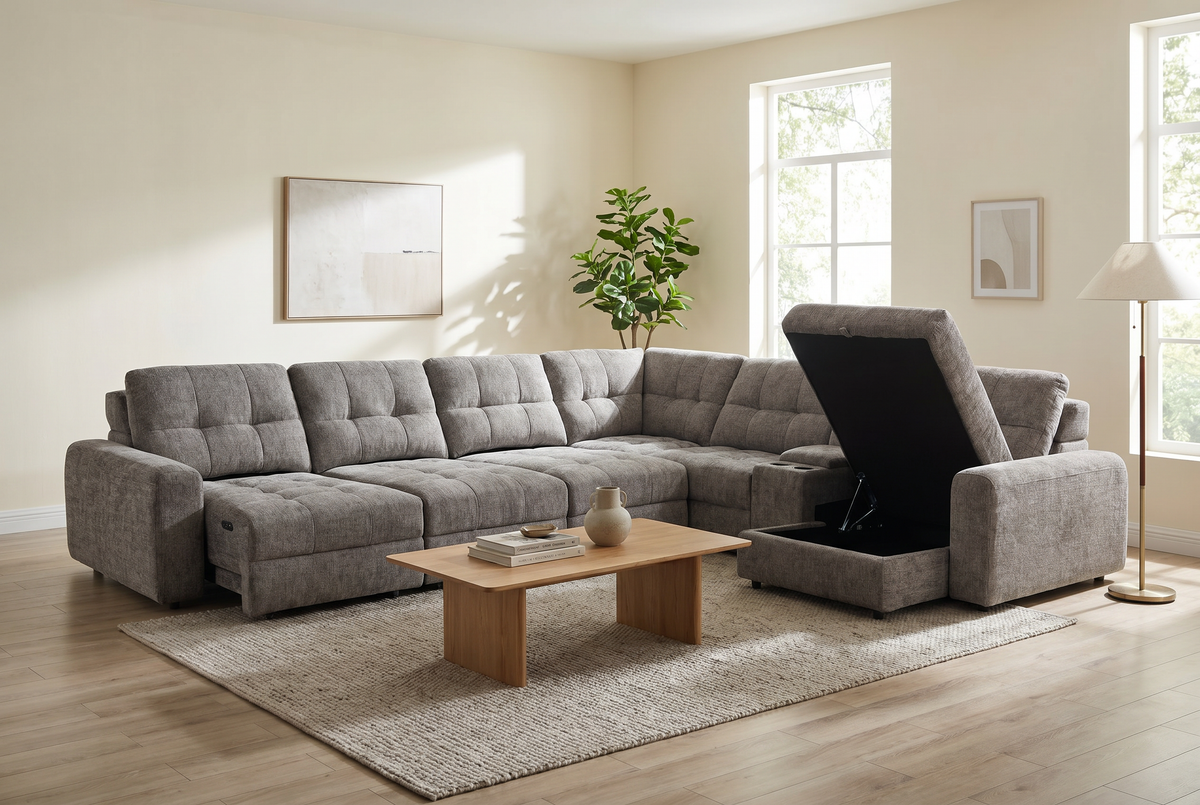 Gunmetal gray sectional sofa with open sleeper panel and storage bin, tufted cushions
