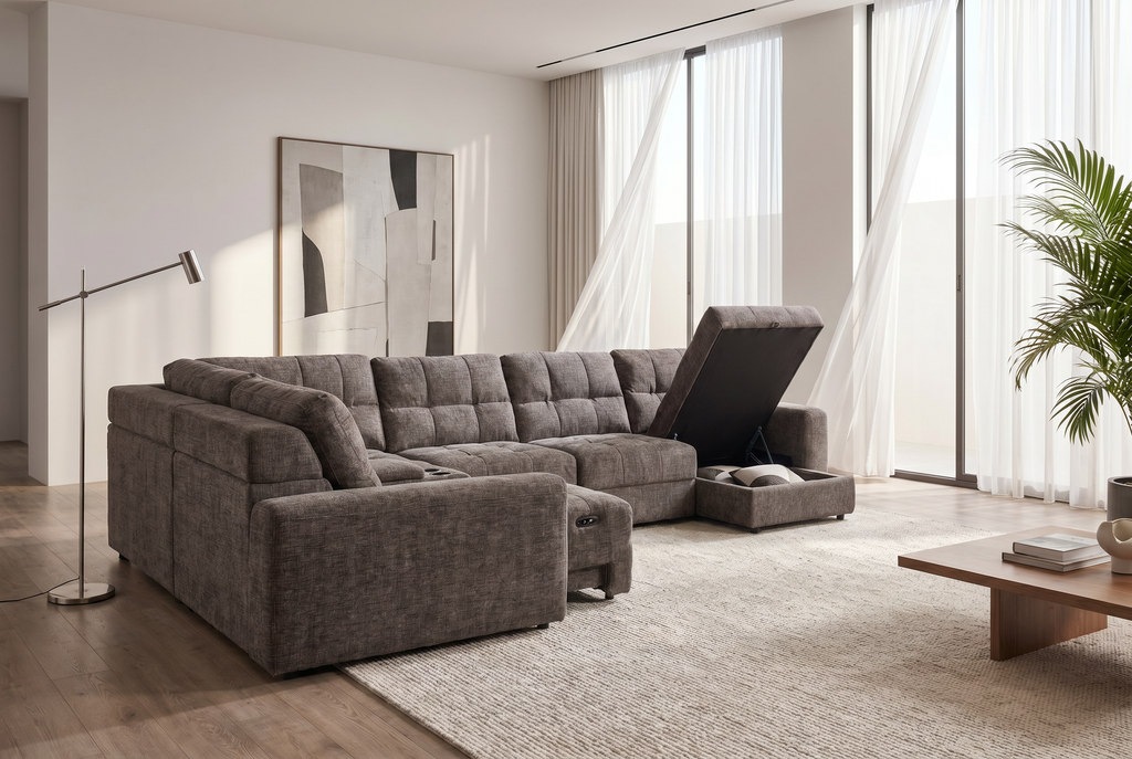 Gunmetal gray sectional sleeper sofa with chaise, tufted seat cushions and storage arm