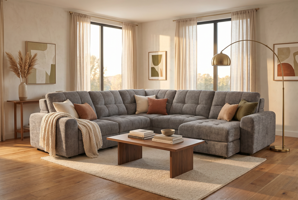 Gray sectional sleeper sofa with chaise, tufted cushions and decorative throw pillows