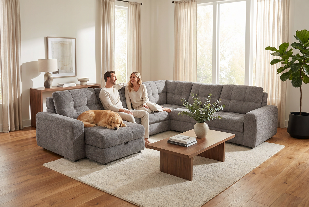 Gunmetal gray sleeper sectional sofa with chaise seat and storage ottoman, front view.