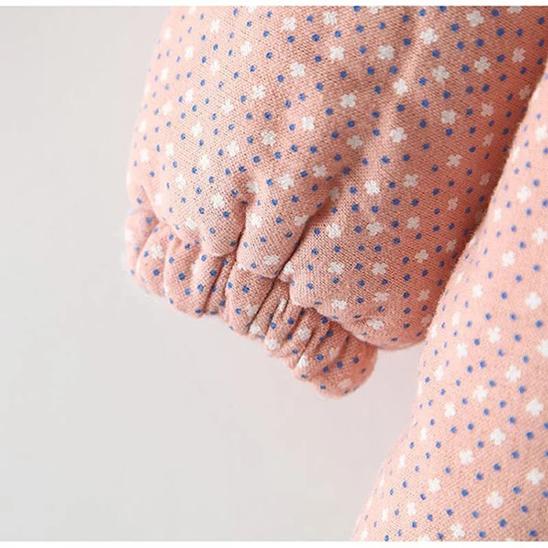 Pink floral padded jacket sleeve with elastic cuff and gathered hem
