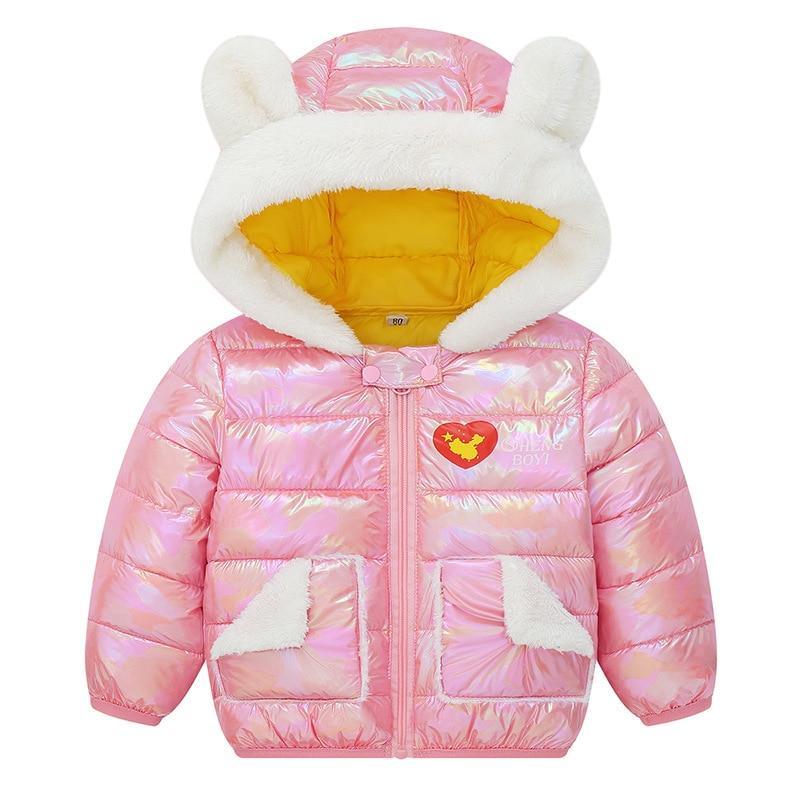 Kids hooded puffer coat in shiny pink with white teddy-fleece hood trim, zip front
