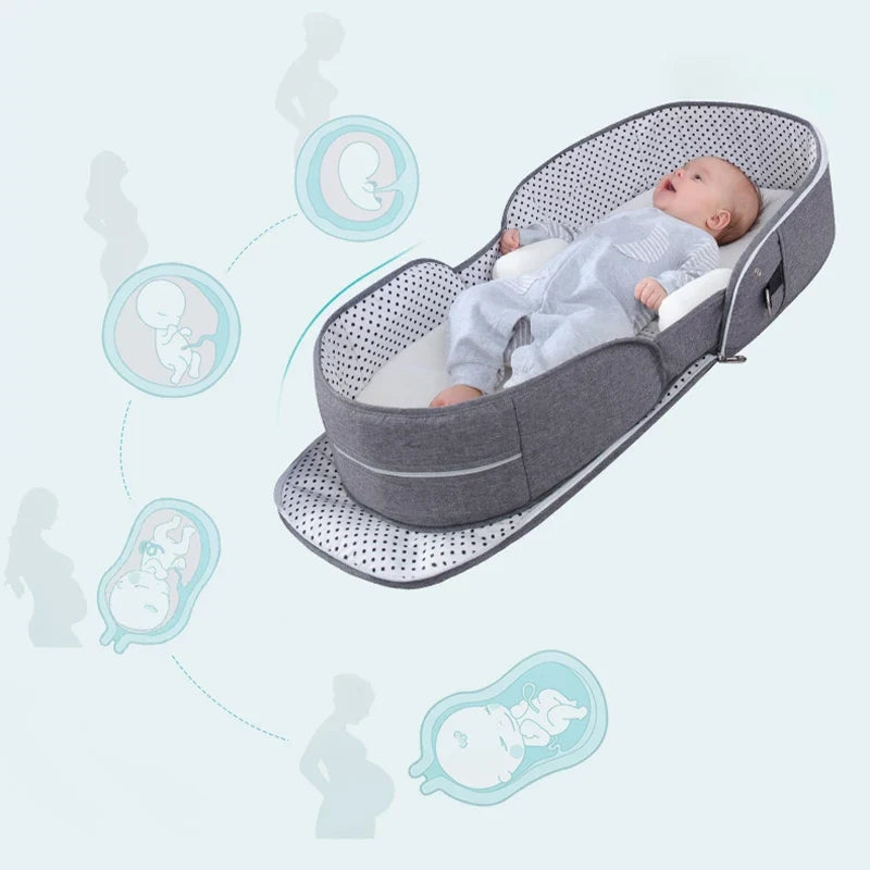 Grey folding baby cot with canopy and mosquito net, shown with use icons