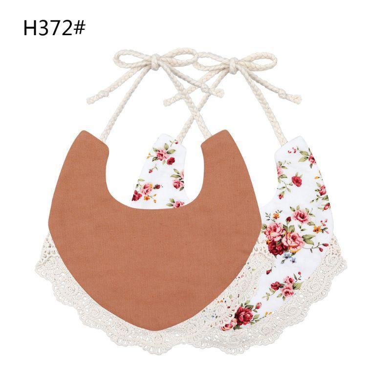 Infant bib set with terracotta solid and floral print sides, lace-trimmed hem