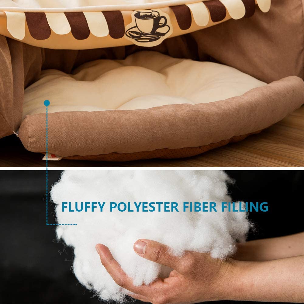 Fluffy polyester filling inside the cat tunnel bed, shown with a hand