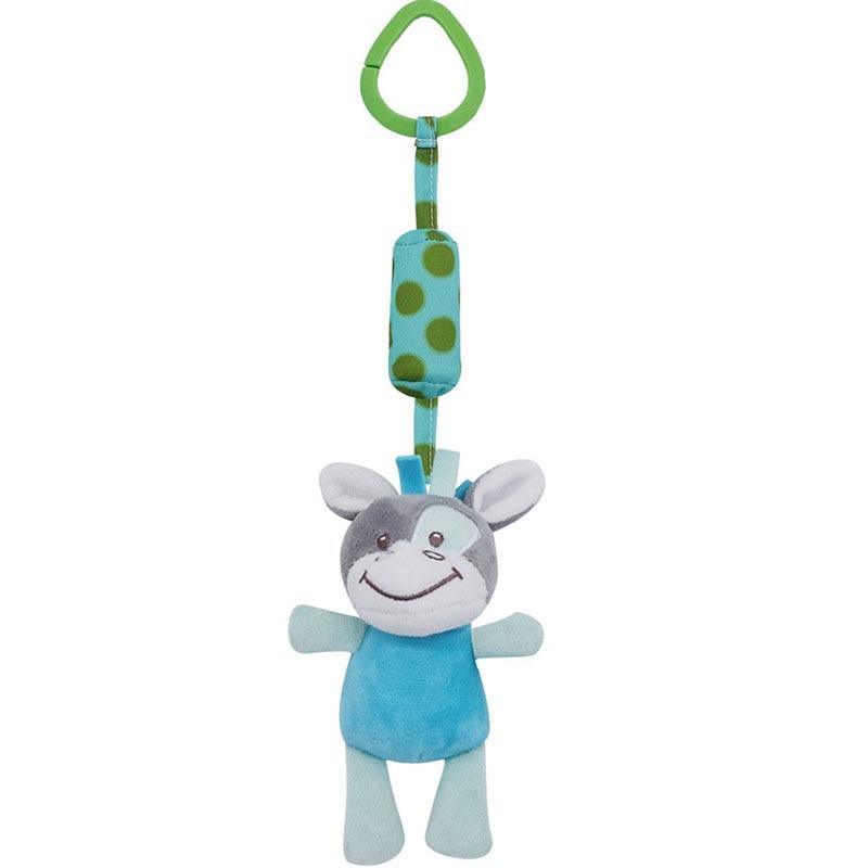 Light blue plush rabbit baby mobile toy with green hanging loop and patterned cord
