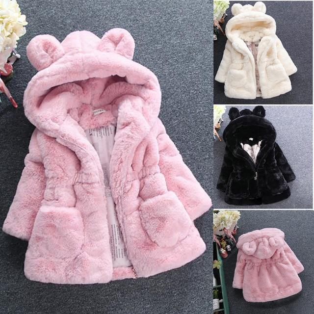 Pink hooded faux-fur jacket for kids with bear-ear hood and zip front, fluffy cuffs