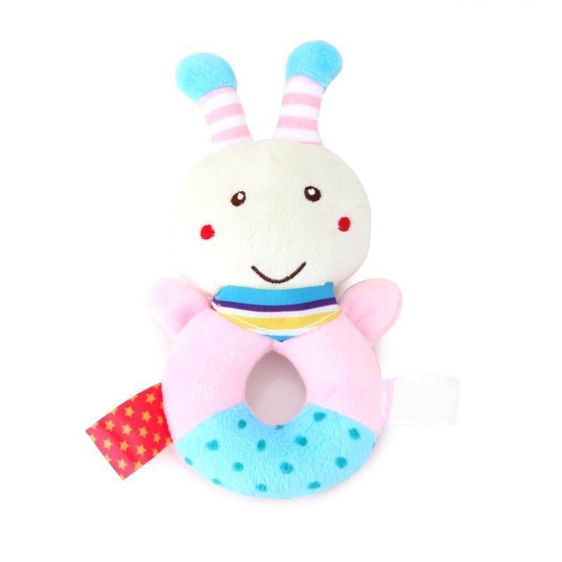 Pink and white plush bunny baby rattle with striped collar and blue belly ring