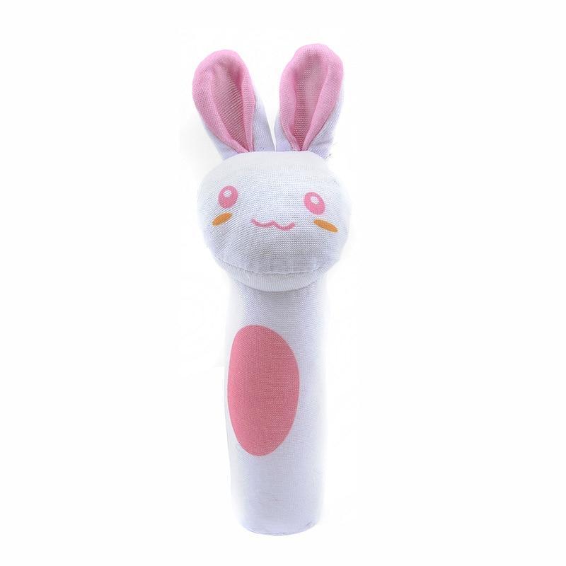 Plush bunny rattle bell toy with pink ears and smiling face