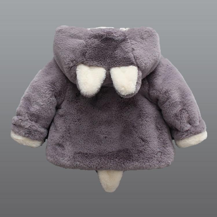 Gray plush hooded rabbit jacket with white bow detail on hood