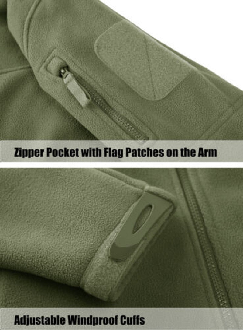 Tactical fleece jacket with arm flag-patch zipper pocket and adjustable cuffs