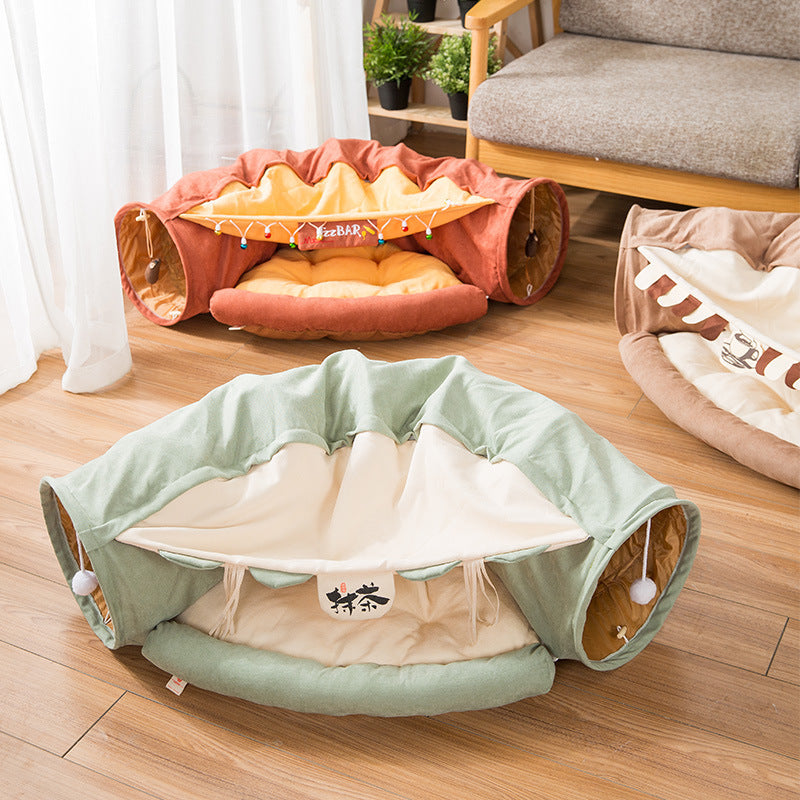 Collapsible cat tunnel tube set with rust and mint tunnels, each with a round cushion