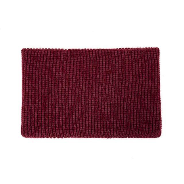 Wine red knit snood scarf for kids with textured ribbed knit, wide loop shape