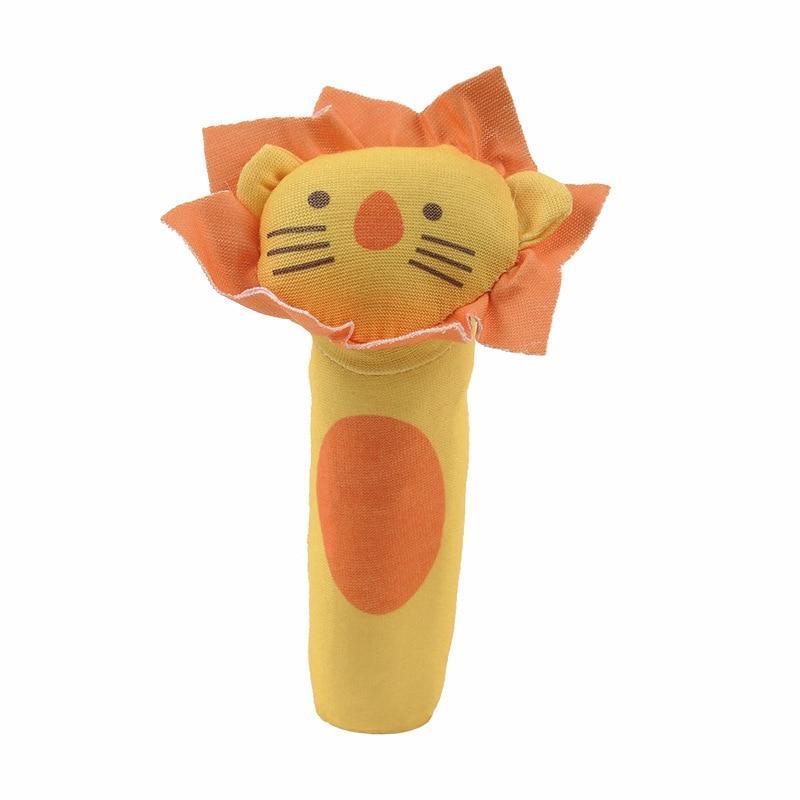 Orange and yellow plush lion baby rattle with mane tuft and friendly face