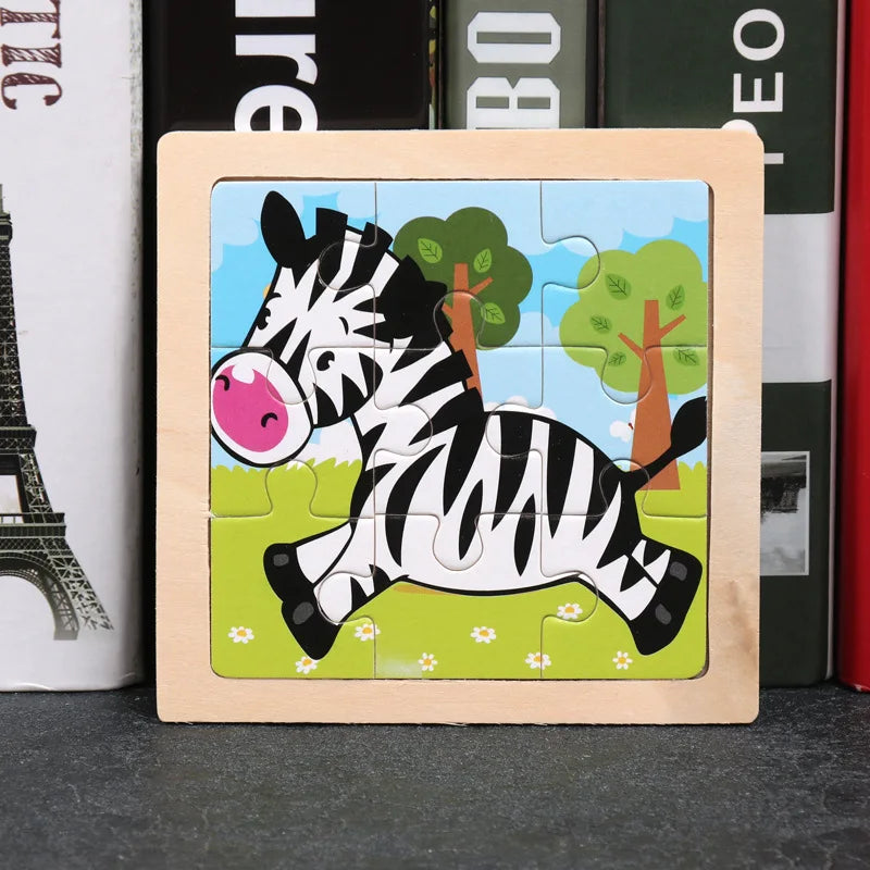 Kids wooden tangram jigsaw puzzle with cartoon zebra in wooden frame