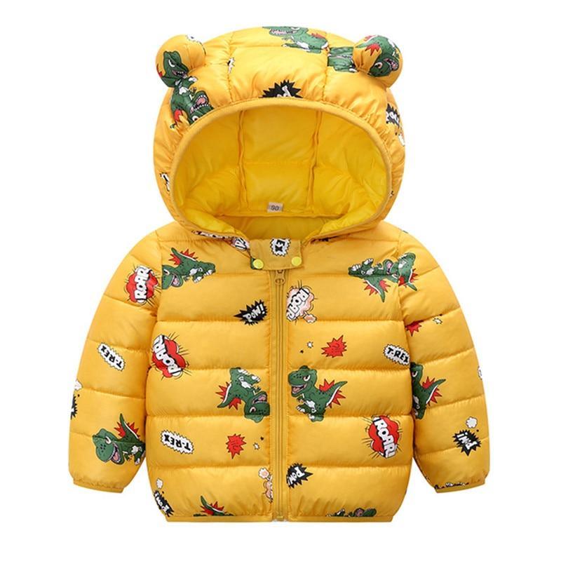 Kids hooded puffer coat in bright yellow with colorful animal prints, bear-ear hood, zip