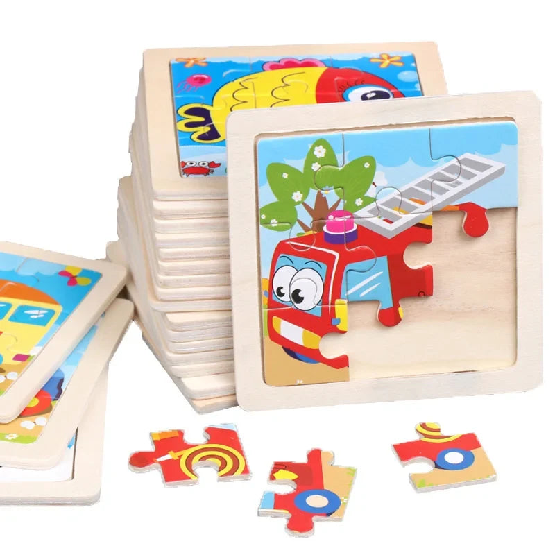 Kids wooden tangram jigsaw puzzle with cartoon police car in wooden frame