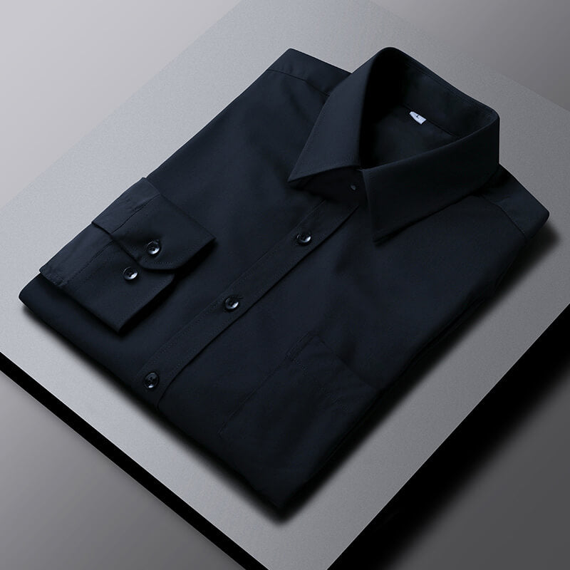 Dark navy cotton dress shirt with spread collar and button cuffs