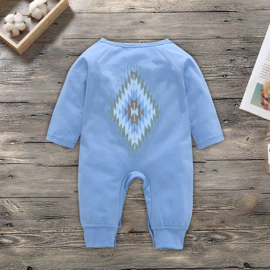 Newborn cotton romper, light blue long sleeves with geometric diamond graphic on back