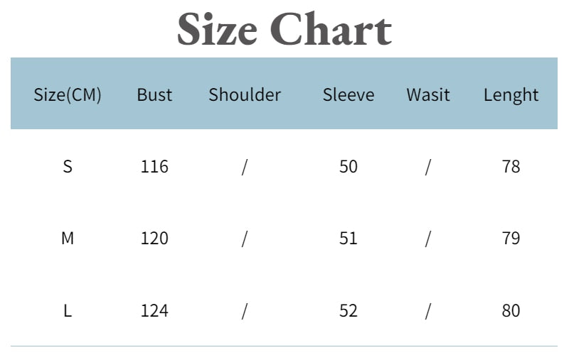 Knitted sweater size chart with bust, shoulder, sleeve, waist, and length measurements