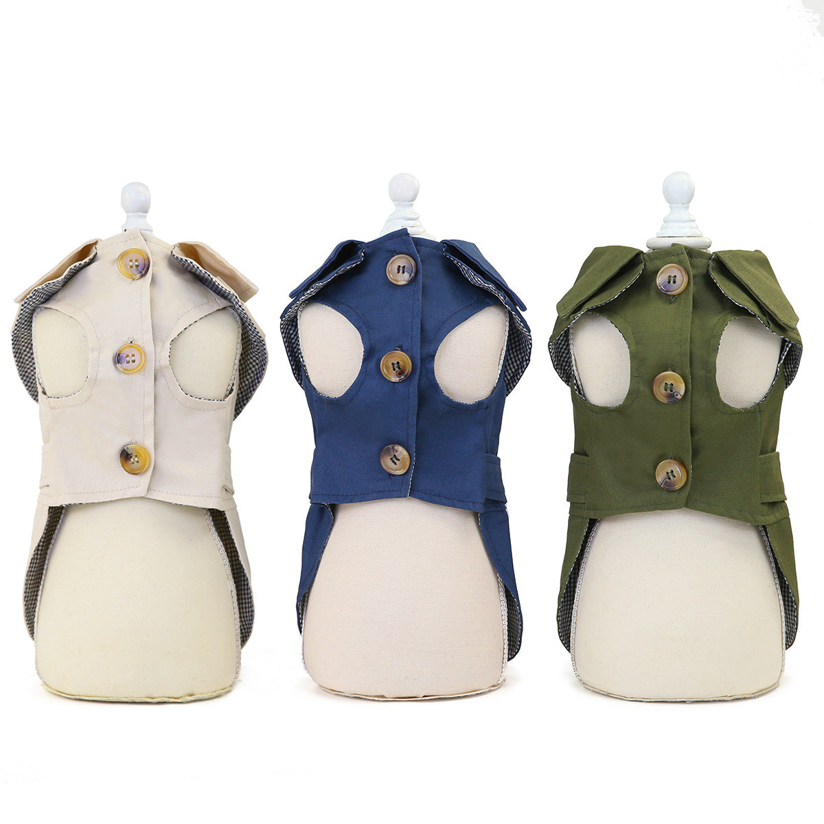 Pet jacket coat fronts in beige, blue, and dark green, with buttons and hood details