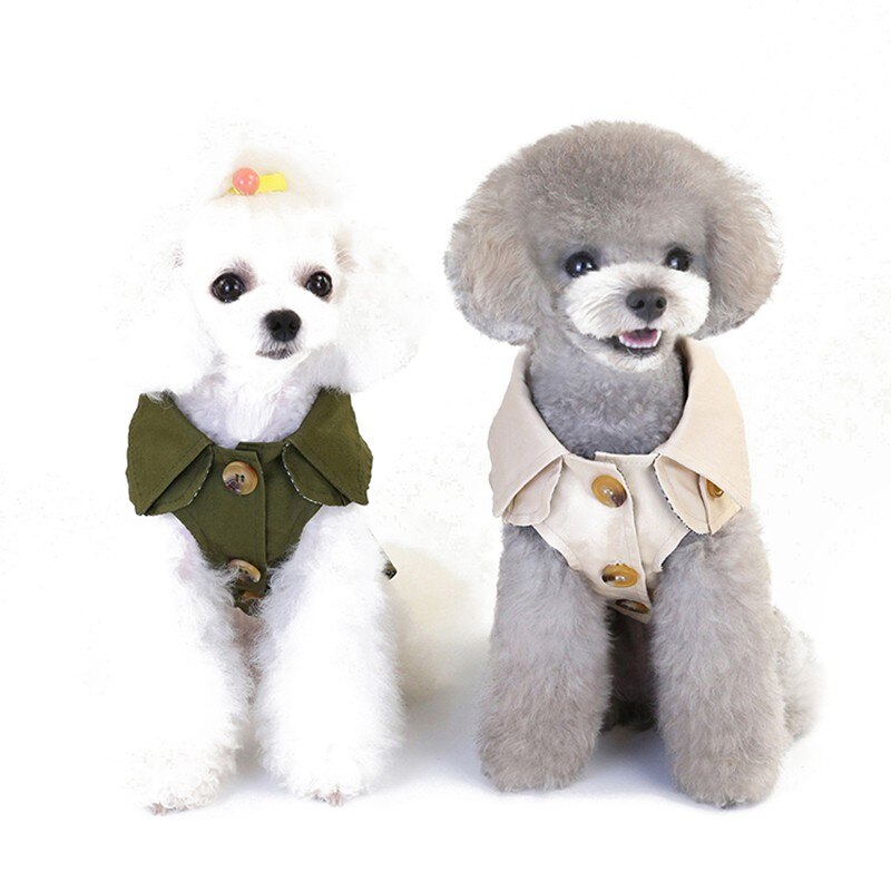 Pet jacket coats on small dogs: dark green and beige hooded coats with snap buttons