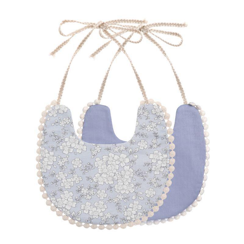 Infant bib set with tassel ties, double-sided blue floral print and solid blue reverse