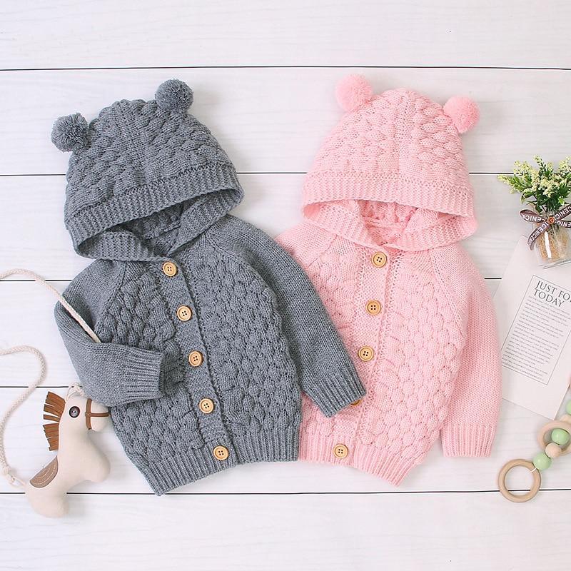 Infant hooded knit jacket, gray, pom-pom beanie style, button front