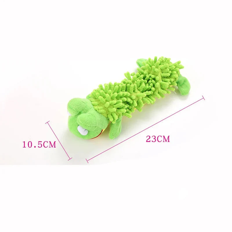 Dog squeaky plush toy, green textured frog/alligator shape with fabric feet