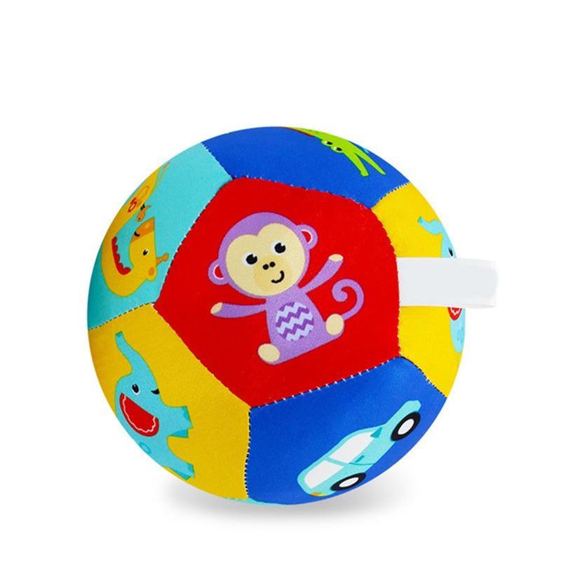 Colorful plush baby ball with monkey graphic and light blue fabric pull handle