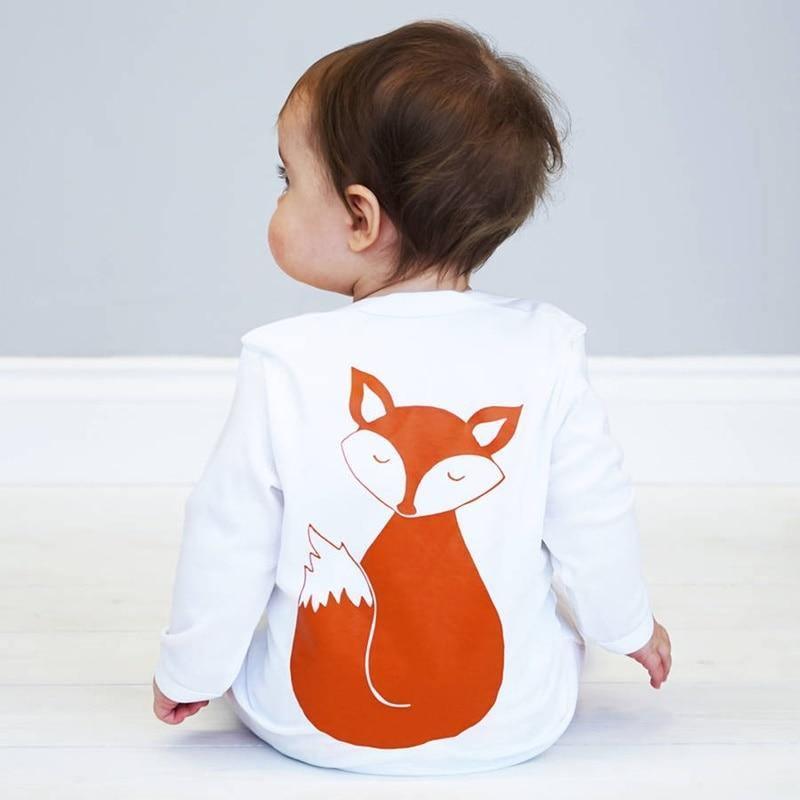 Newborn cotton romper, white long sleeves with orange fox graphic on back