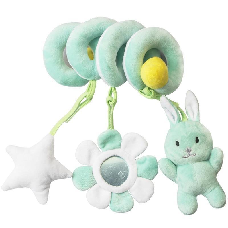 Mint baby spiral rattle toy with rabbit plush, star shapes, and flower rattle center