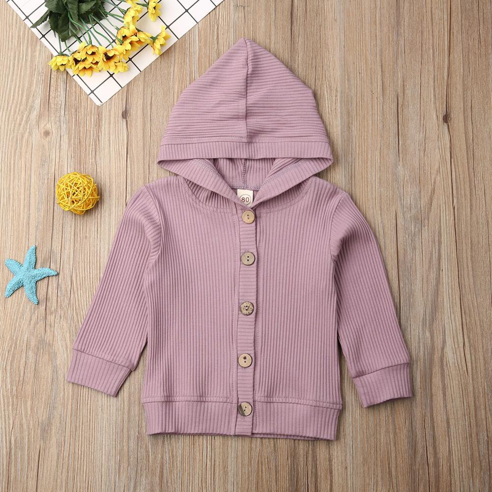 Infant hooded knit jacket with long sleeves, lavender purple, button front, ribbed cuffs