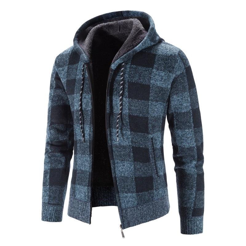 Men's hooded fleece jacket in blue plaid with black lining and front zipper