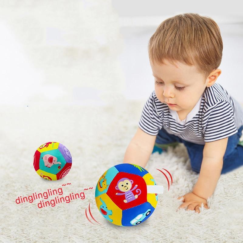 Baby plush animal ball toy with colorful lion and zebra graphics