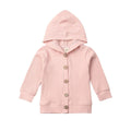 Infant hooded knit jacket with long sleeves, blush pink, button front, ribbed cuffs