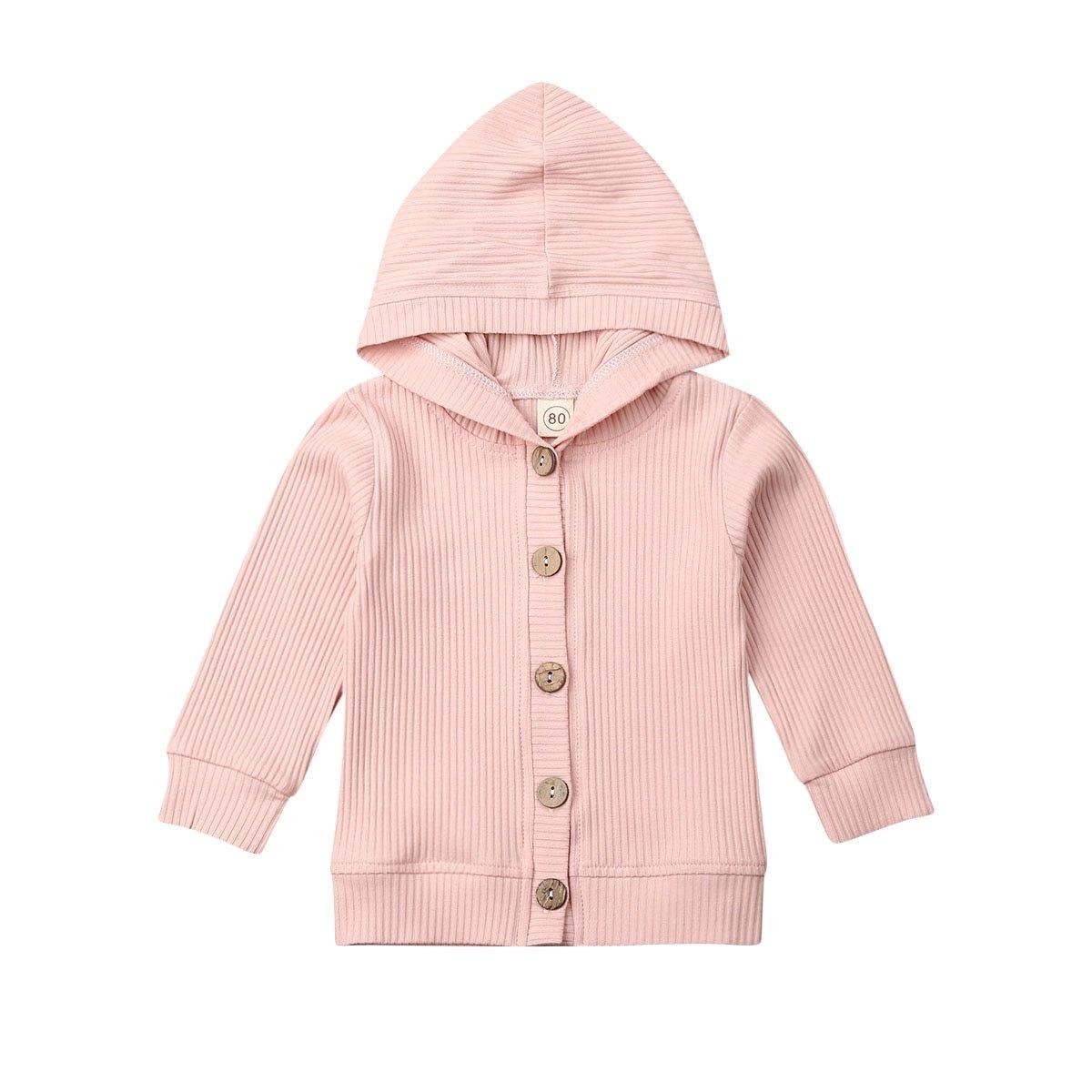 Infant hooded knit jacket with long sleeves, blush pink, button front, ribbed cuffs