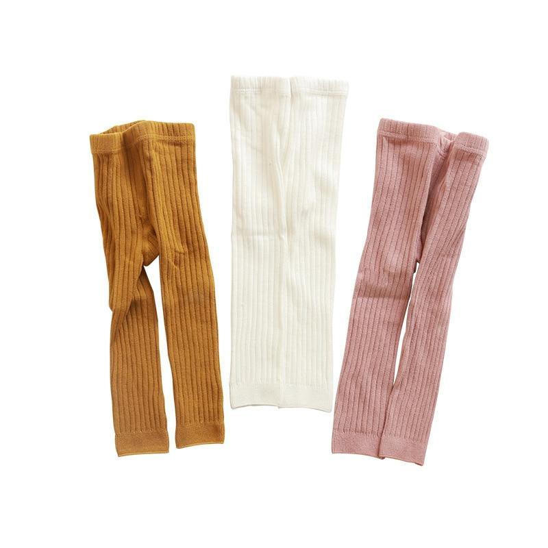 Toddler leggings set: brown, white, and pink ribbed knit pants.