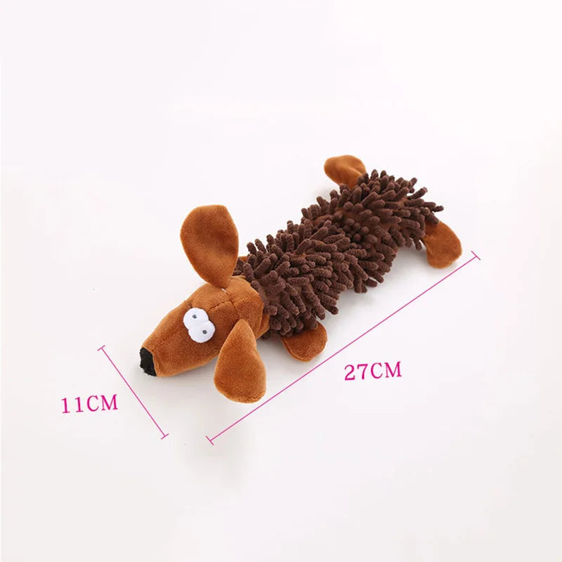 Brown plush spiky animal-shaped dog chew toy with white muzzle detail