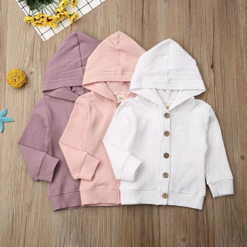 Infant hooded knit jacket set in pink, purple, and white with button front and long sleeves