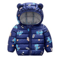 Navy kids hooded puffer coat with colorful character print and teddy-bear ear hood